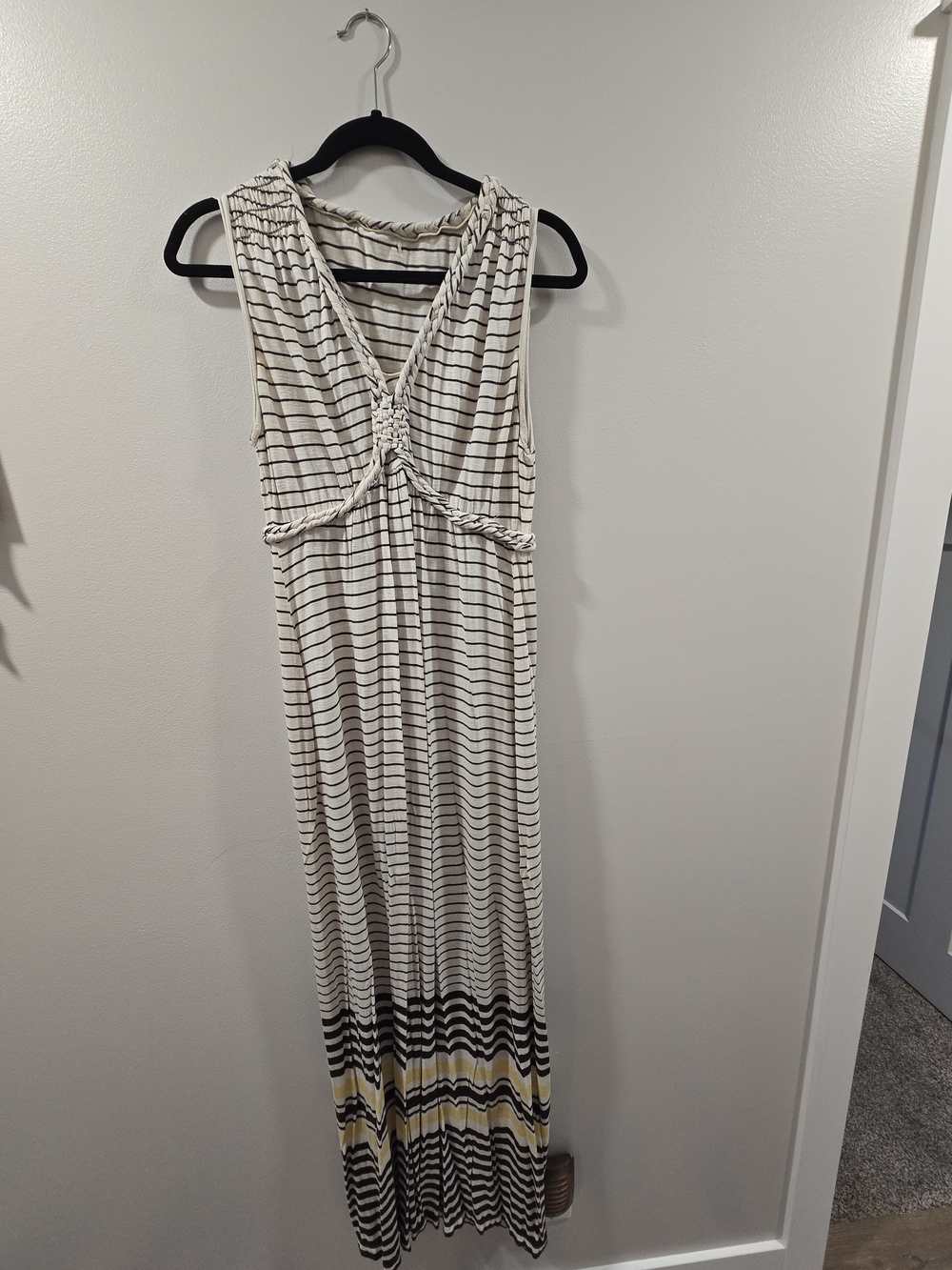 Max Studio Cream and Black Striped Maxi with Yellow Hem Accent